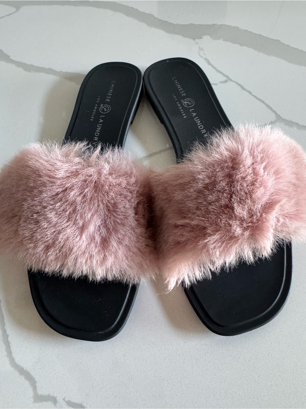 Chinese Laundry Blush Pink Faux Fur Slide Sandals